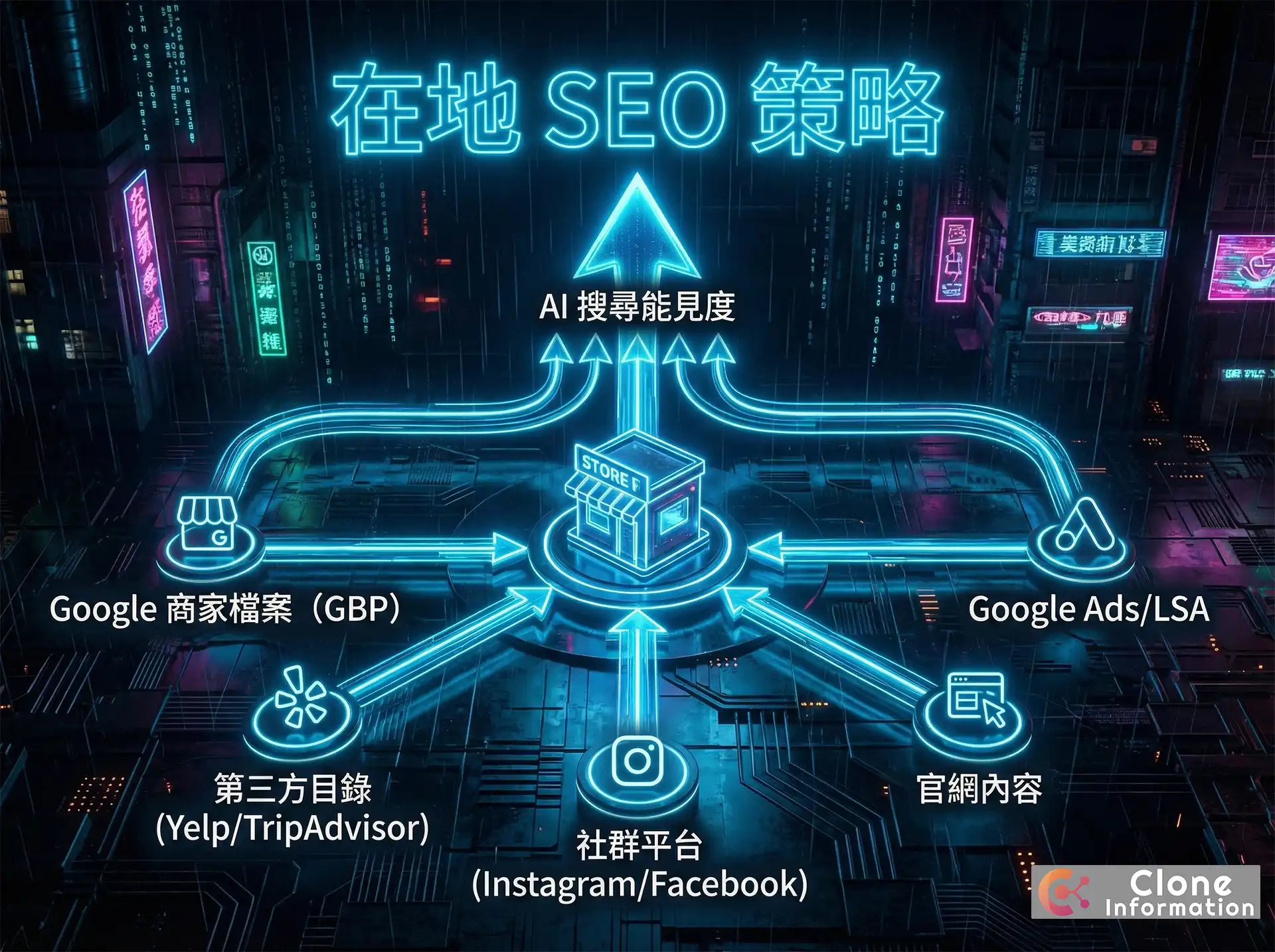 在地 SEO 策略多平台佈局流程圖，展示 AI Overview Local Pack 時代如何透過 Google 商家檔案優化建立本地搜尋排名
