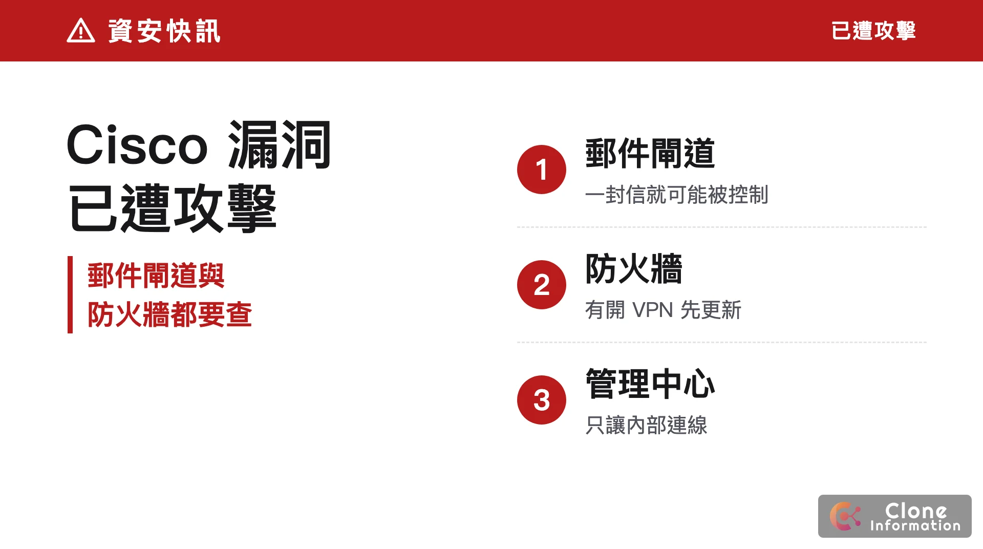 Cisco 漏洞更新示意圖，標示郵件閘道、防火牆、管理中心三個要查的設備