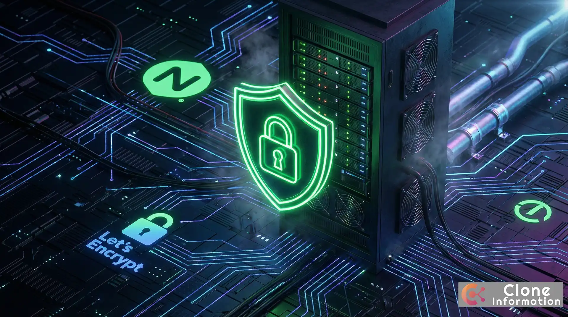 GCP Nginx 反向代理與免費 SSL 憑證設定教學封面，展示資安防護盾牌與綠色鎖頭