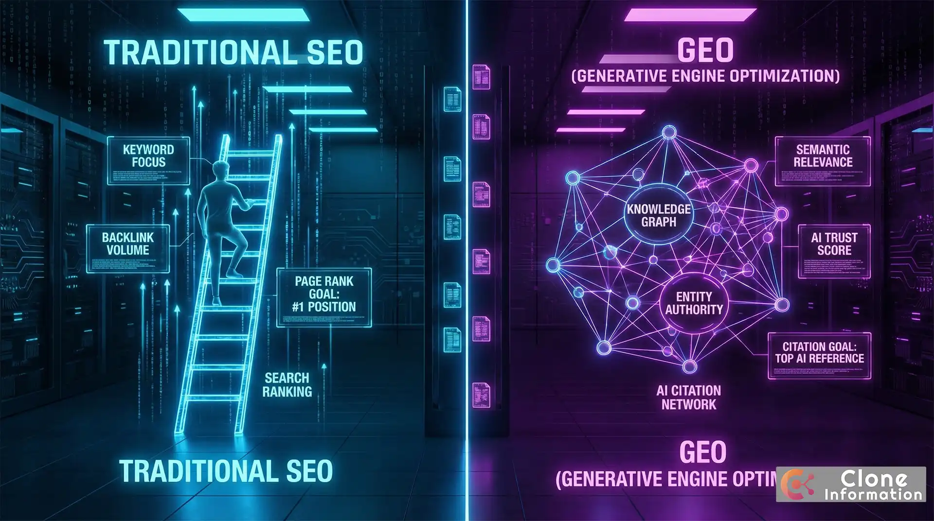 生成引擎優化與傳統 SEO 比較圖,展示目標、指標與策略的本質差異