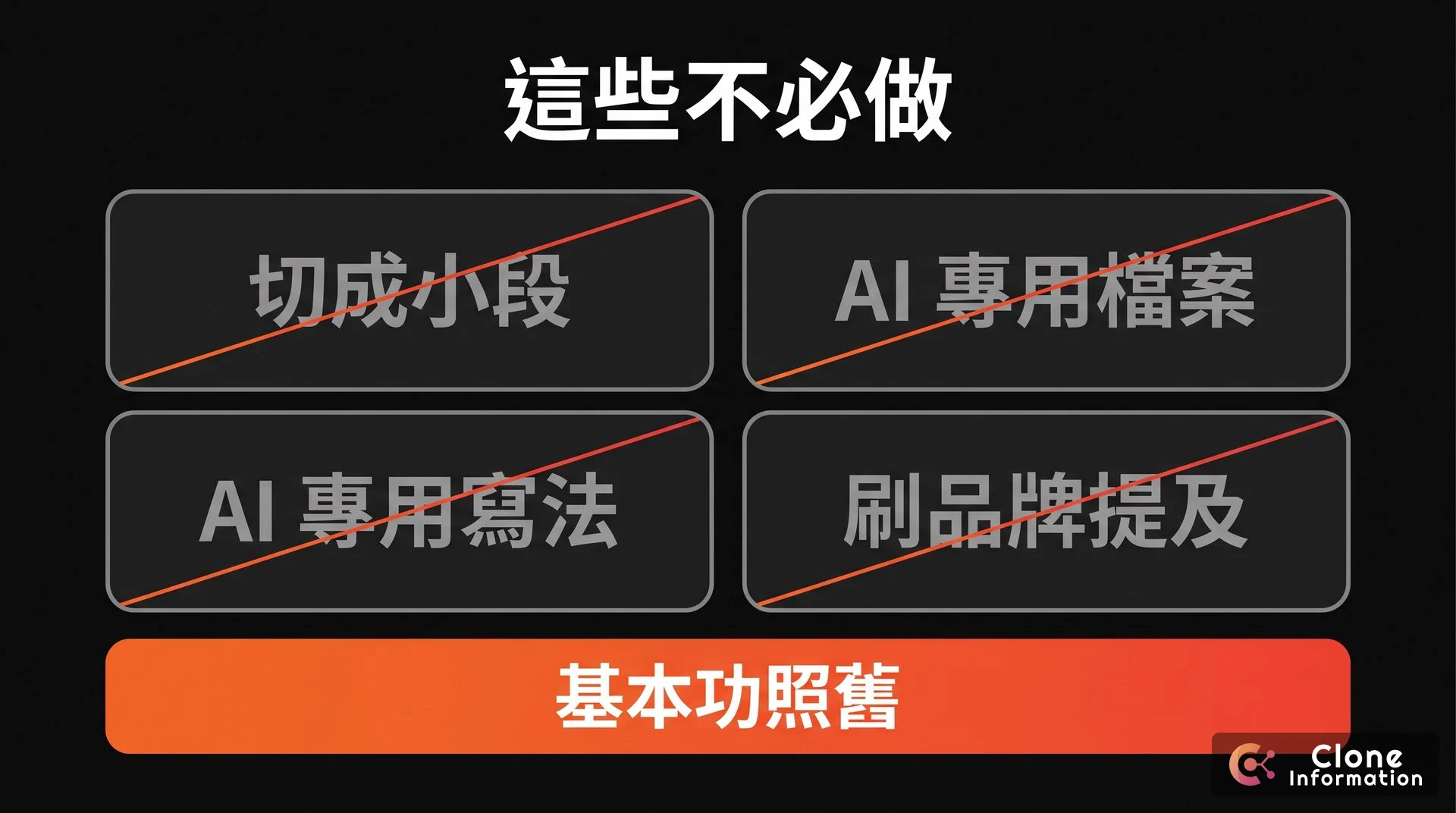 不必為 AI 特製示意圖，AI 生成，展示切成小段、AI 專用檔案、AI 專用寫法、刷品牌提及都不是 Google AI 摘要的要求