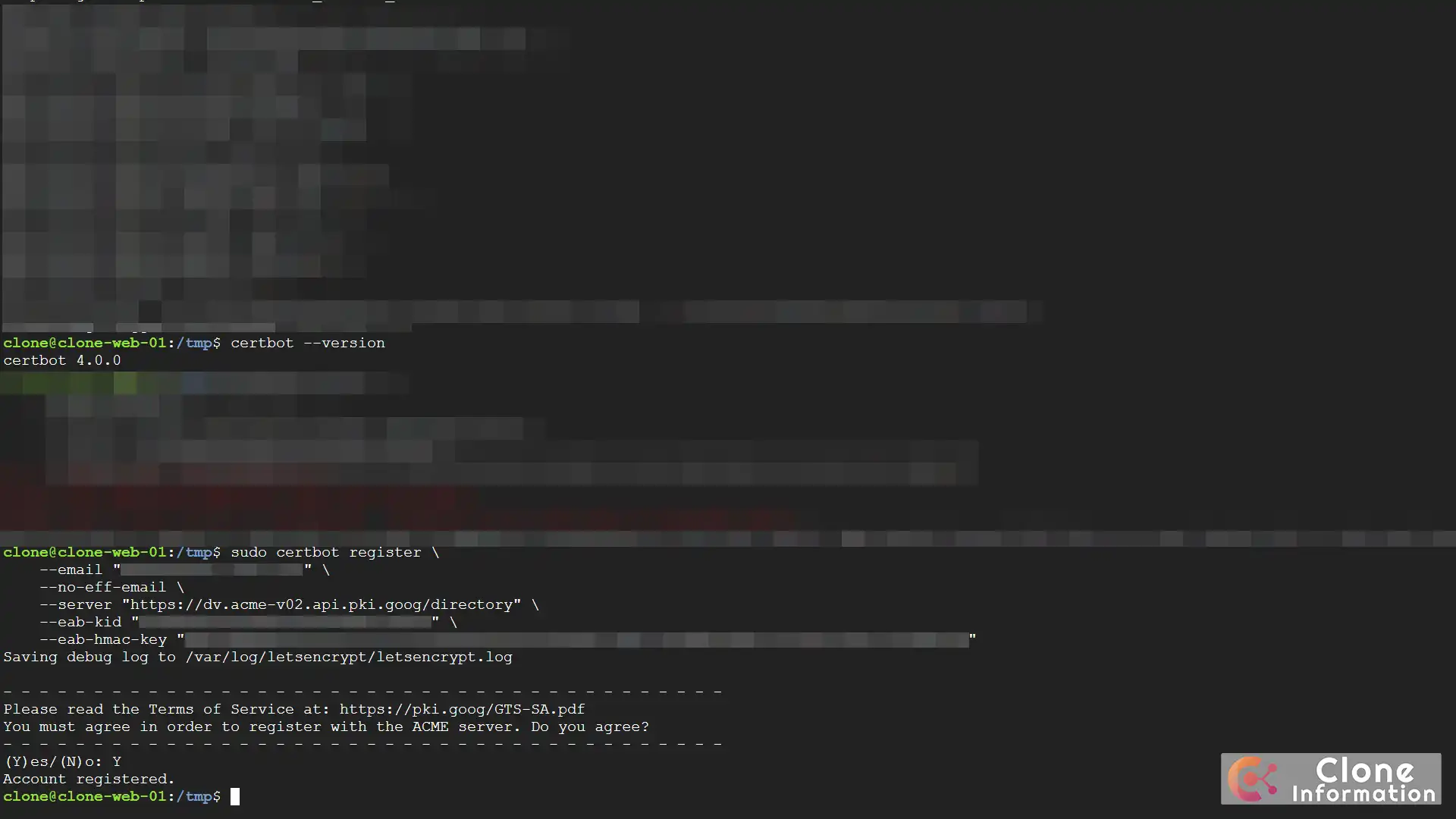 使用 Certbot 申請 Google GTS SSL 憑證的終端機指令畫面，展示指定 Server 與 EAB Key 的設定參數