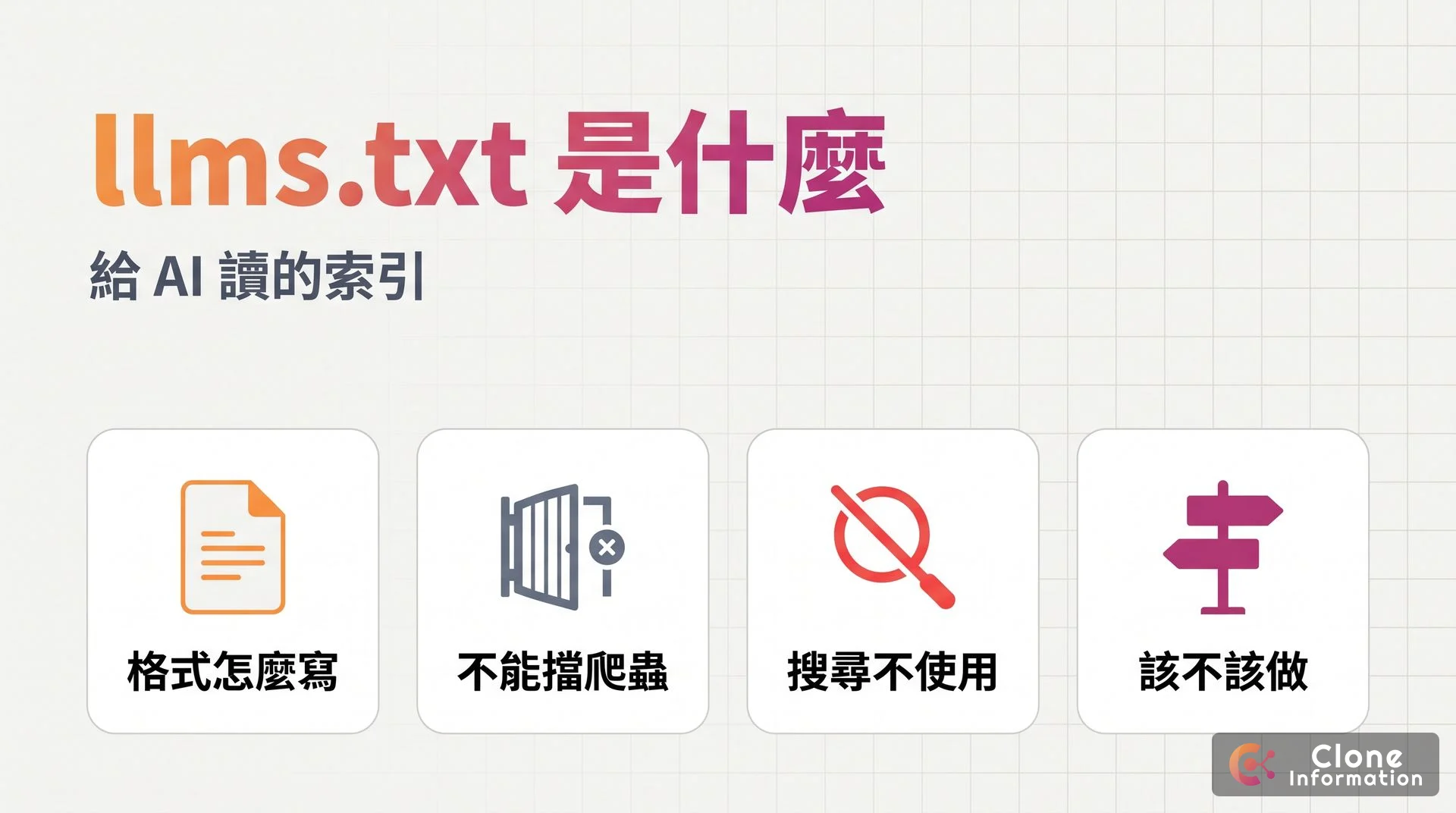llms.txt 示意圖，AI 生成，標示格式怎麼寫、不能擋爬蟲、搜尋不使用、該不該做四個重點