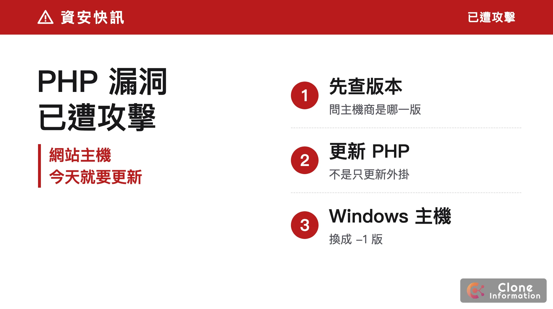 PHP 漏洞更新示意圖，標示先查版本、更新 PHP、Windows 主機換新版三個重點