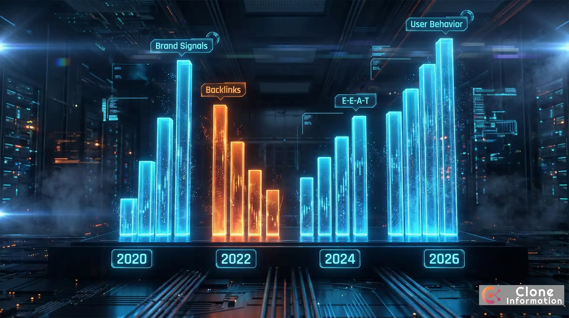 排名因素權重變化圖，展示 2020-2026 年品牌信號上升、反向連結下降的趨勢