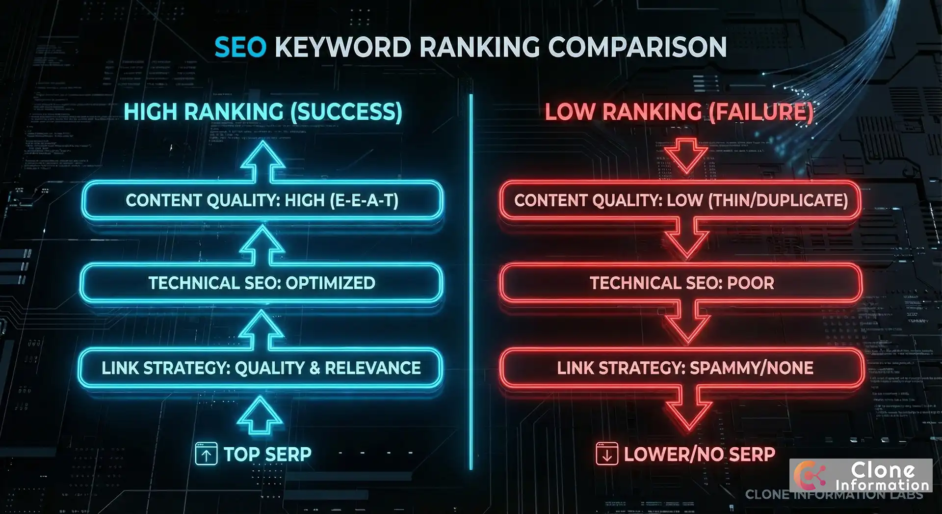 SEO 關鍵字排名高低對比圖，展示成功與失敗策略的差異