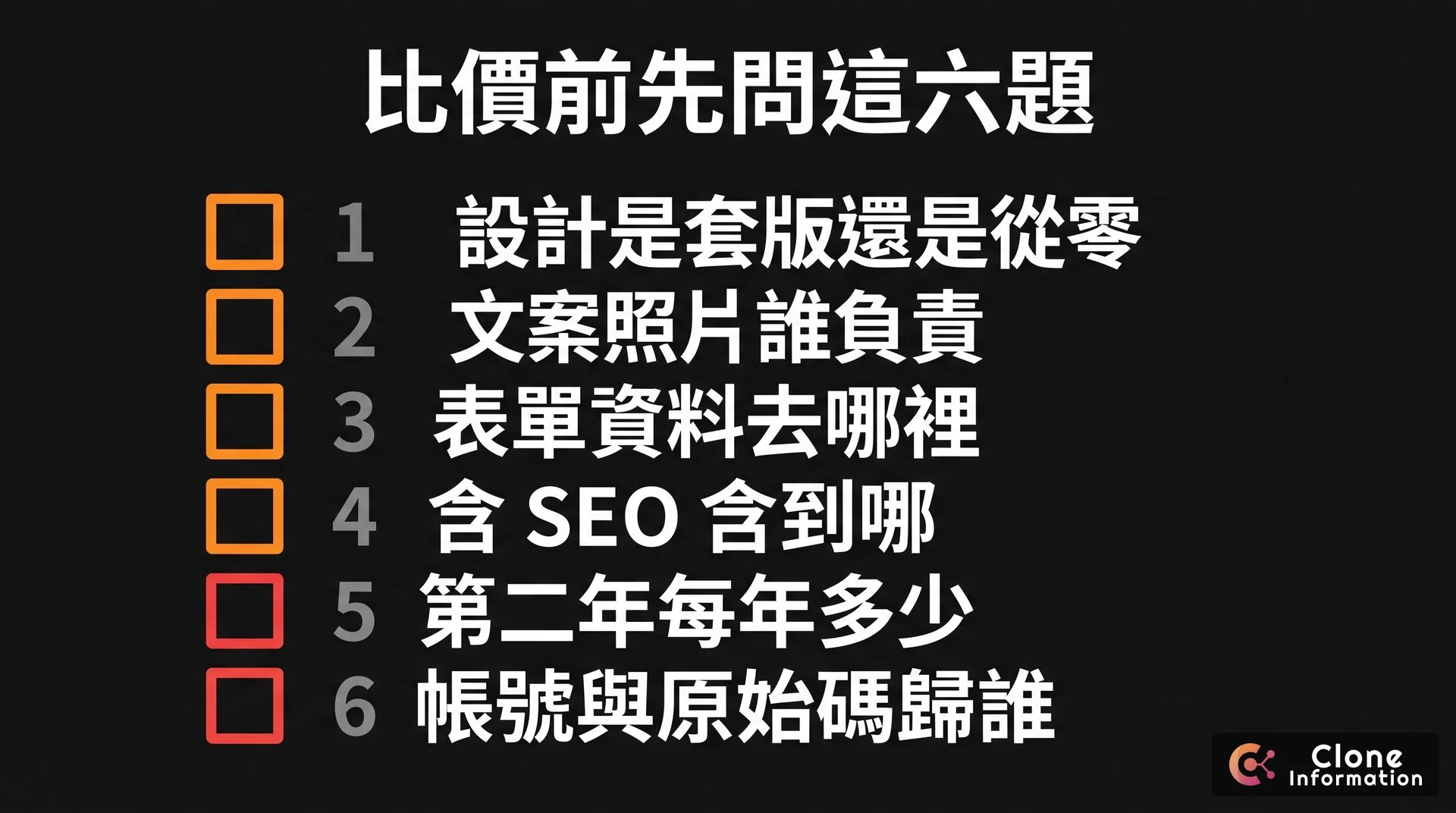比較報價前該問的六個問題清單示意圖，AI 生成，依序為設計、內容、資料流向、SEO 範圍、年費與帳號歸屬