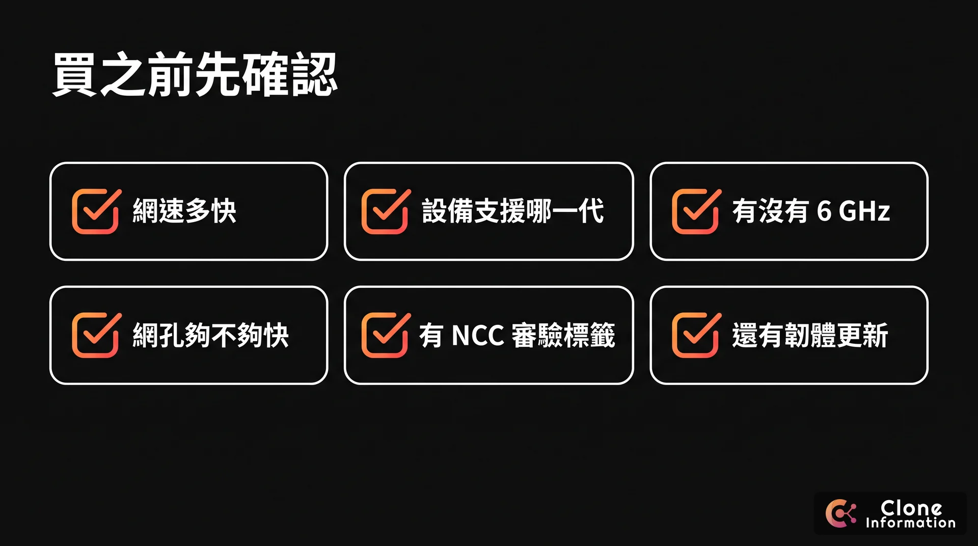 路由器買前檢查清單示意圖，AI 生成，展示網速、設備、頻段、網孔、審驗、更新六個檢查項目
