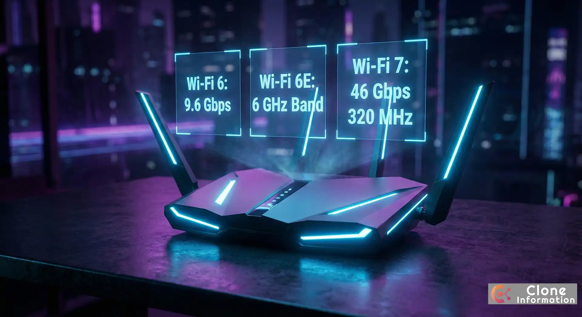 2026 Wi-Fi 選擇指南封面圖，展示未來感路由器與 Wi-Fi 6, 6E, 7 規格全息投影。